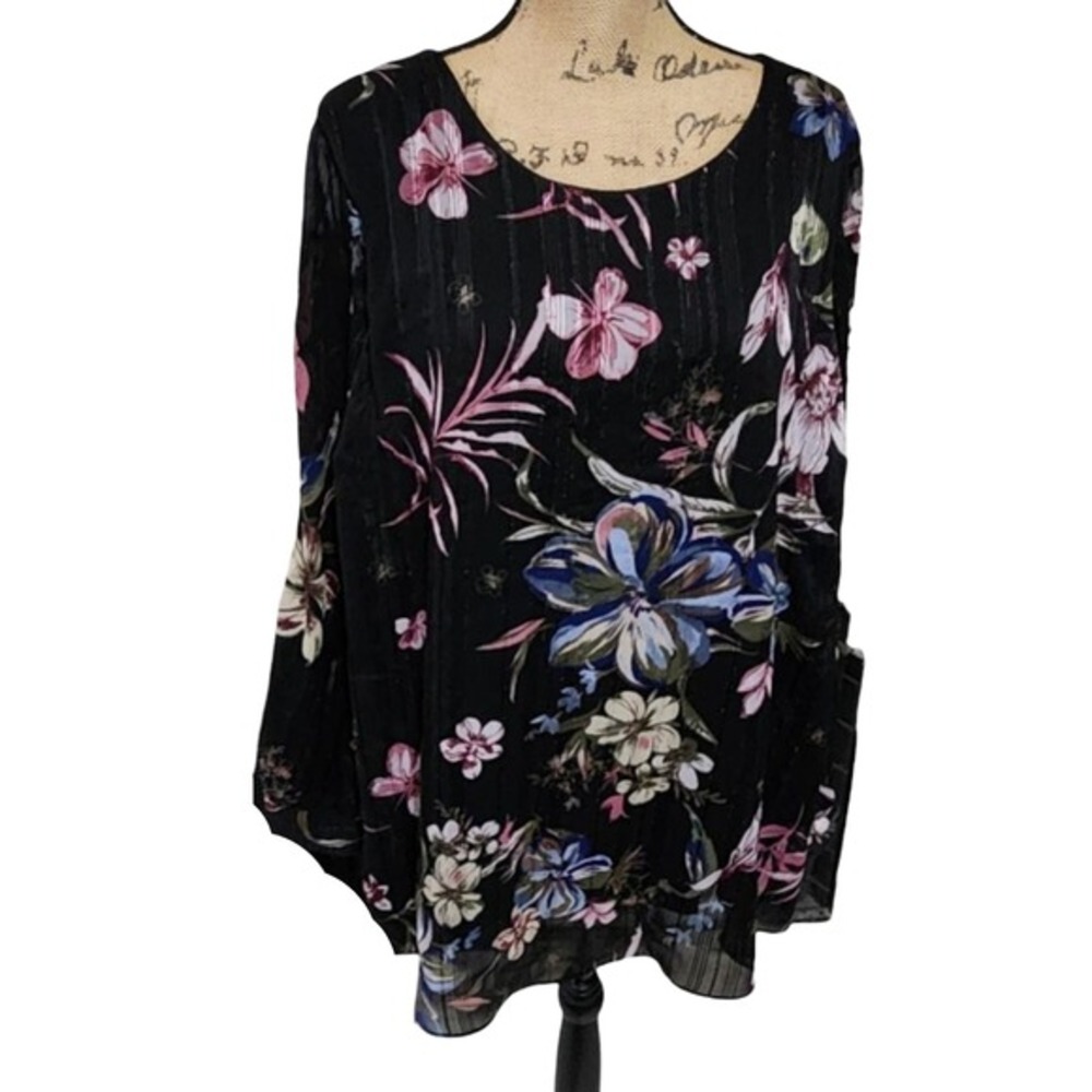 Lane Bryant Black Floral Metallic Stripe Long Sleeve Tunic Blouse 22/24 3X